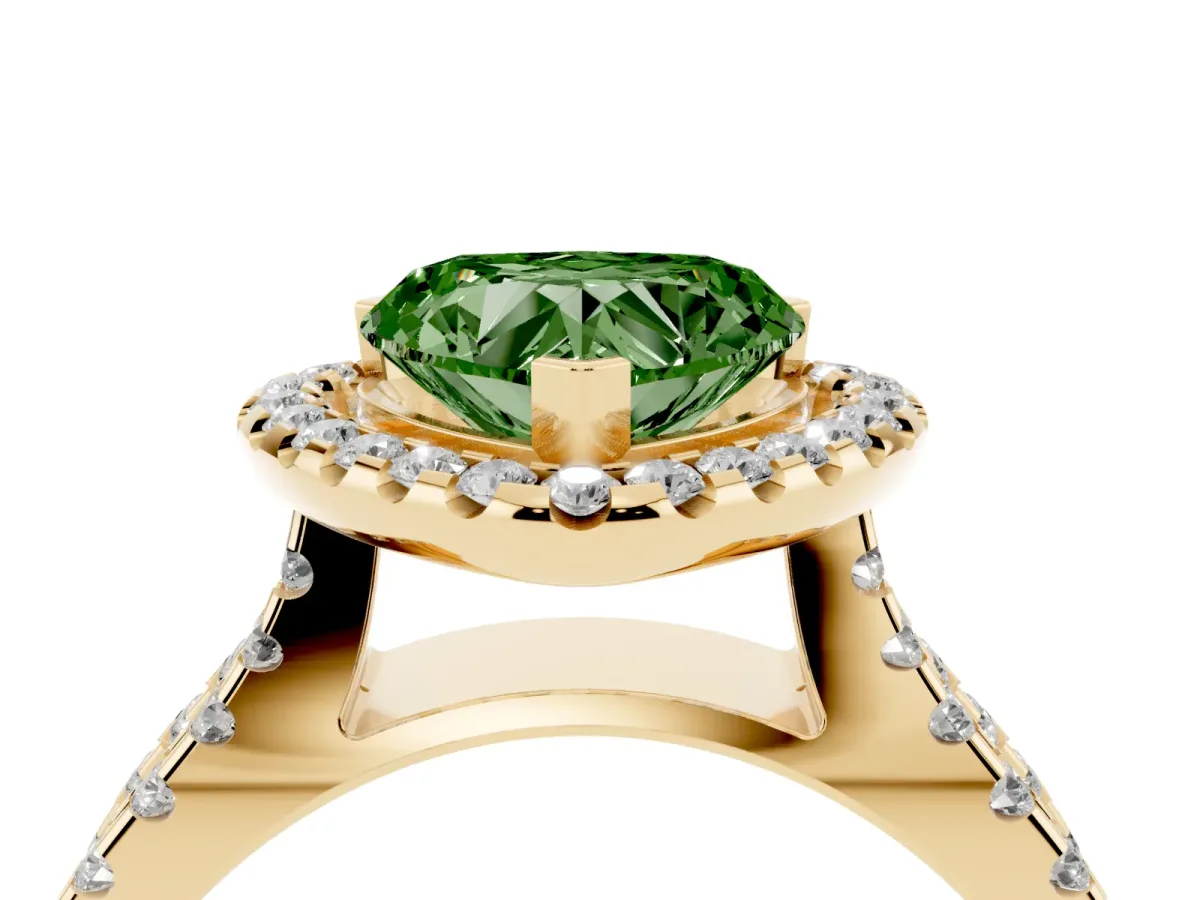 Fancy Green Heart Cut Diamond Halo Ring with Split Shank Pavé Band and Prong Setting Yellow gold