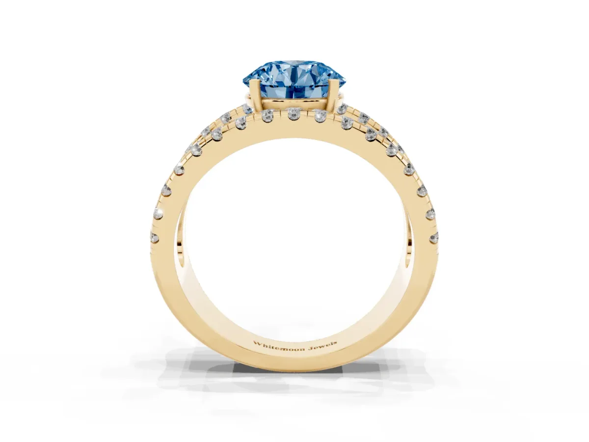 Fancy Blue Round Cut Solitaire Split Shank Pave Diamond Ring Yellow gold