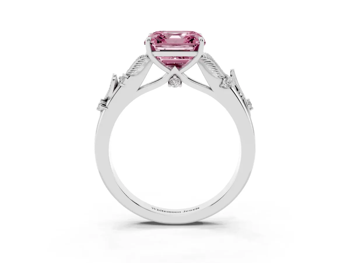 Fancy Pink Asscher Cut Diamond Solitaire Ring with Leaf Motif Band and Four-Prong Setting Platinum
