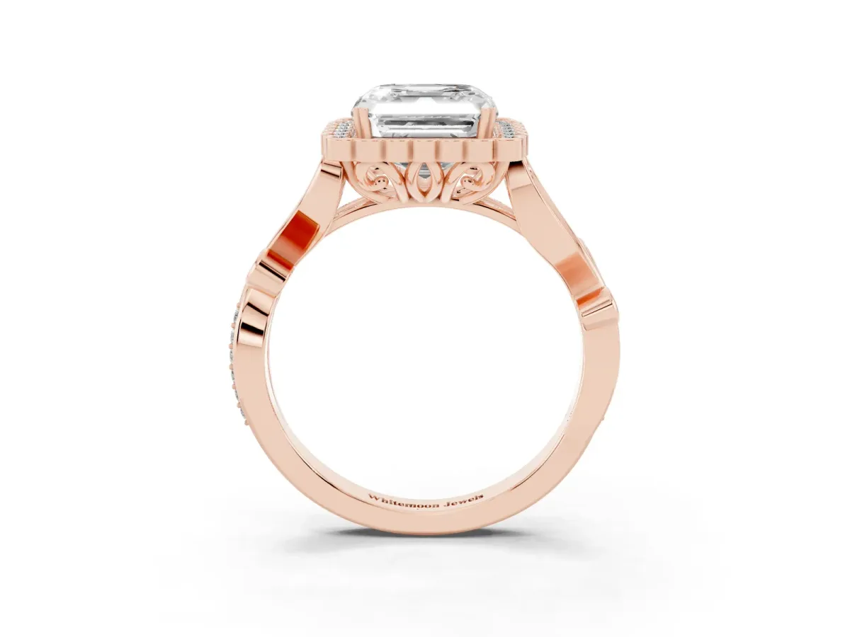 Asscher Cut Diamond Halo Ring with Vintage Split Shank and Four-Prong Setting Rose gold