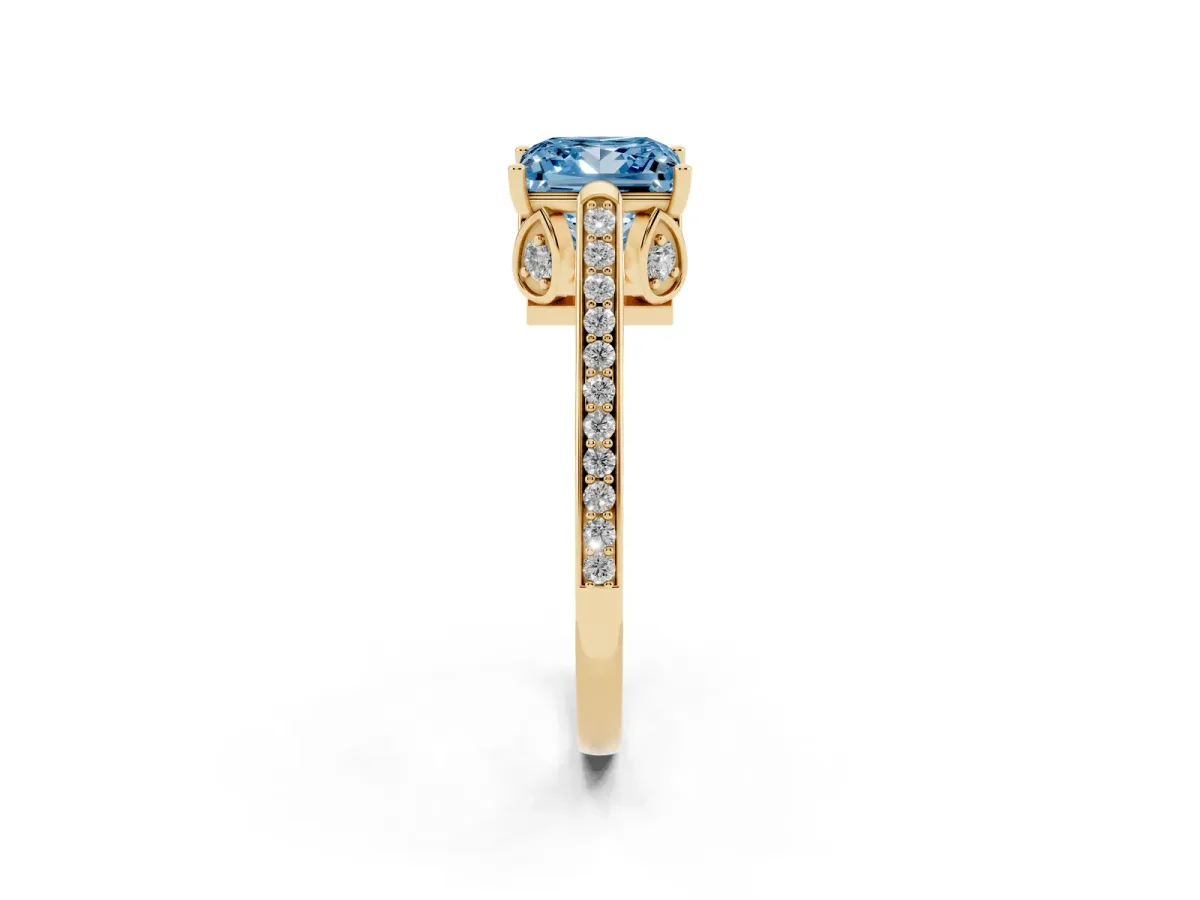 Fancy Blue Princess Cut Cut Cathedral Pave Diamond Engagement Ring with Six-Prong Setting Yellow gold