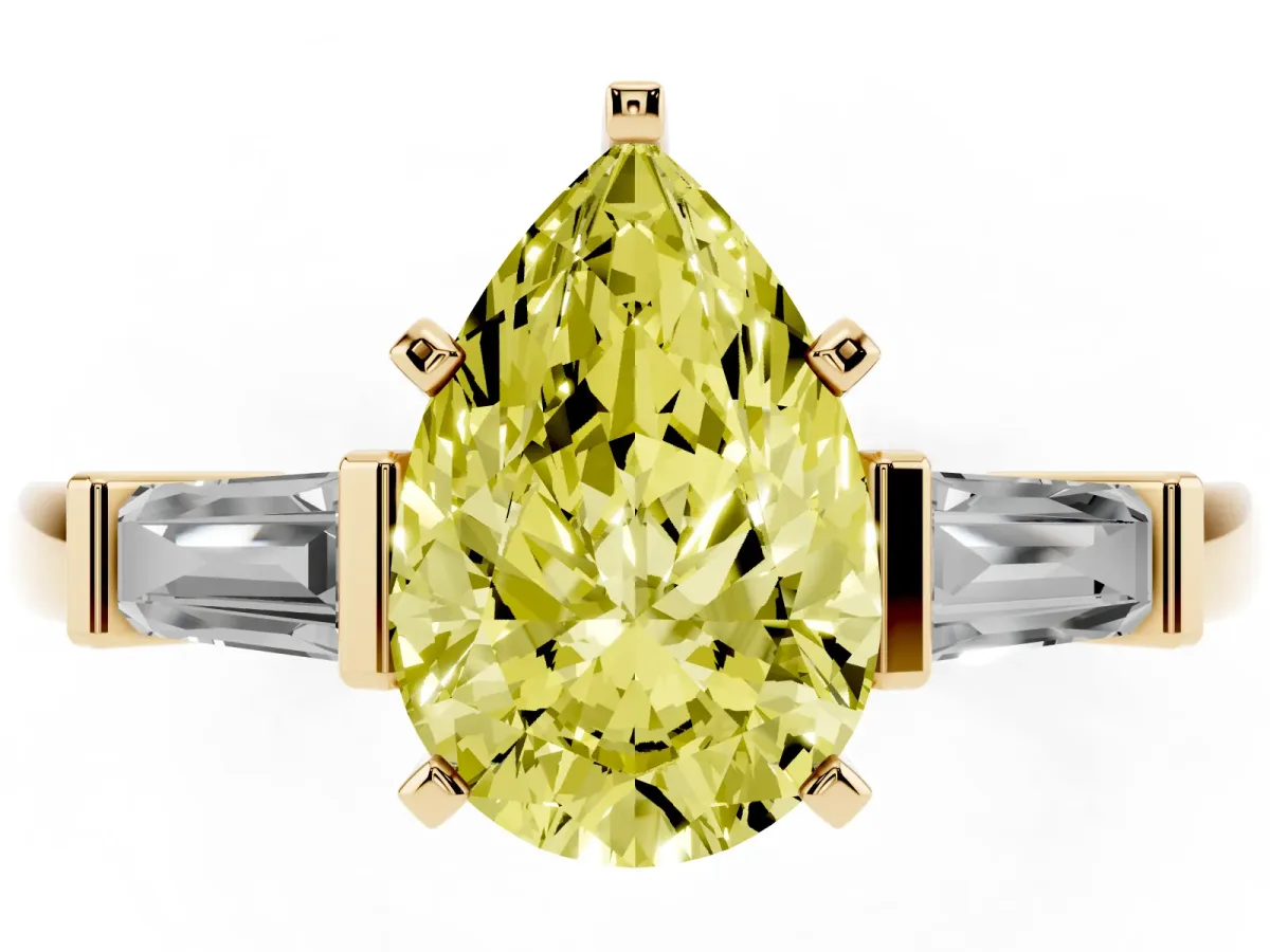 Fancy Yellow Pear Cut Cut Diamond Solitaire Ring with Tapered Baguette Accents and Four-Prong Setting Yellow gold