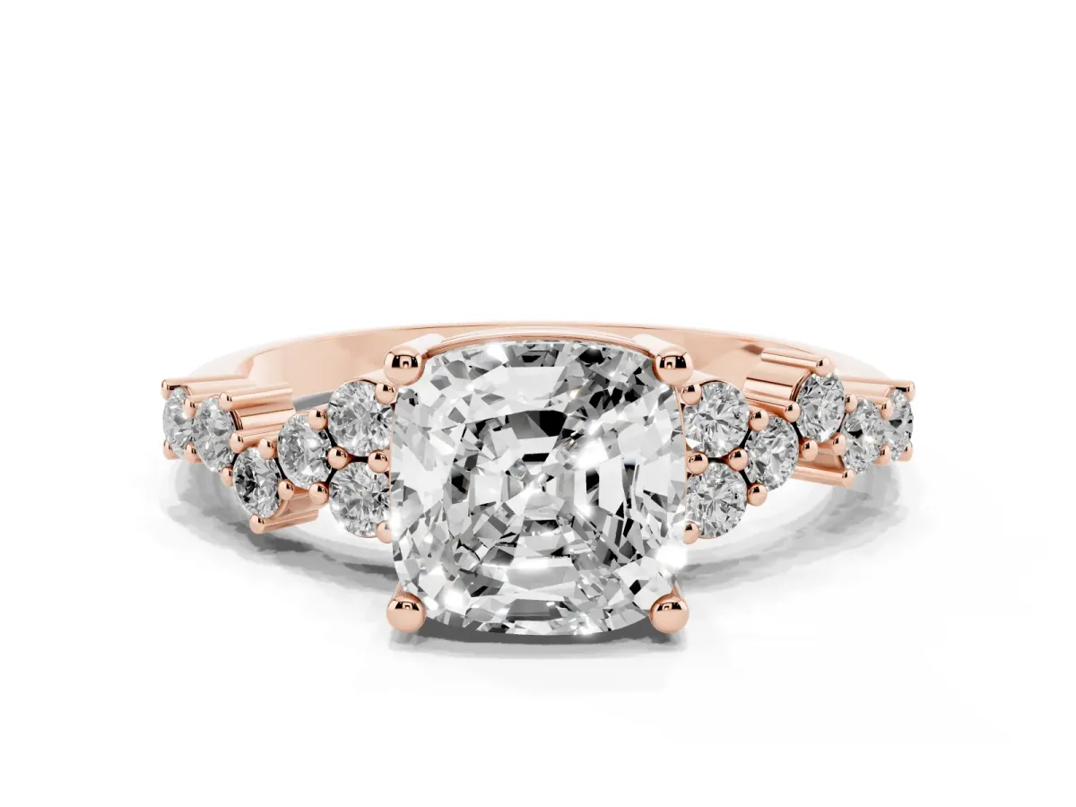 Cushion Cut Diamond Scattered Round Accent Ring with Prong Setting Rose gold