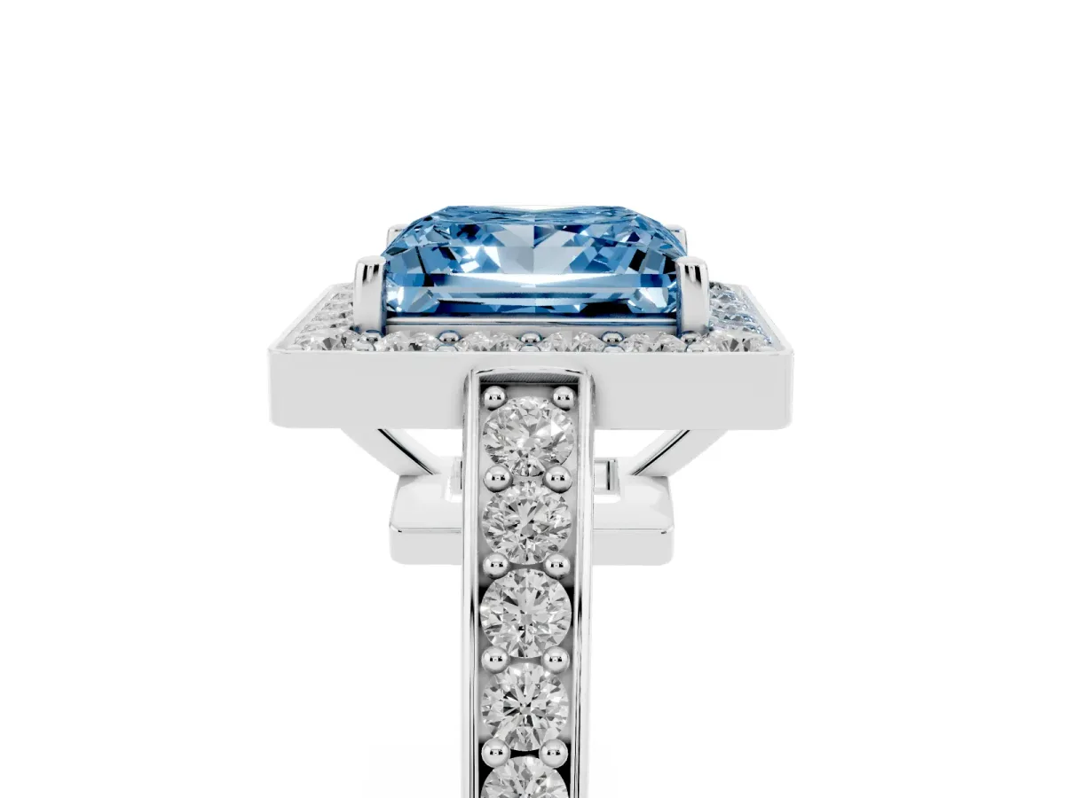 Fancy Blue Princess Cut Halo Pavé Diamond Engagement Ring with Bezel Setting Platinum