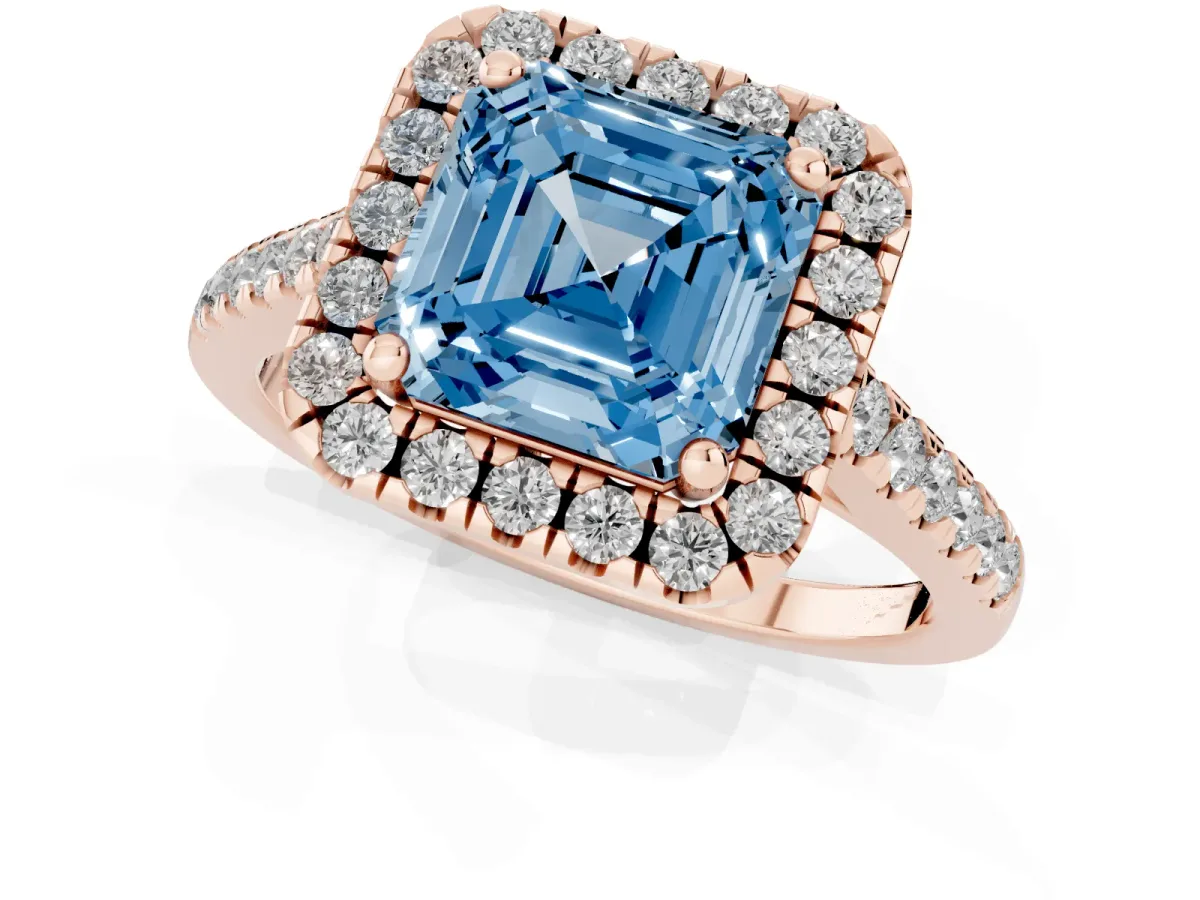 Fancy Blue Asscher Cut Halo Pavé Diamond Engagement Ring with Four-Prong Setting Rose gold