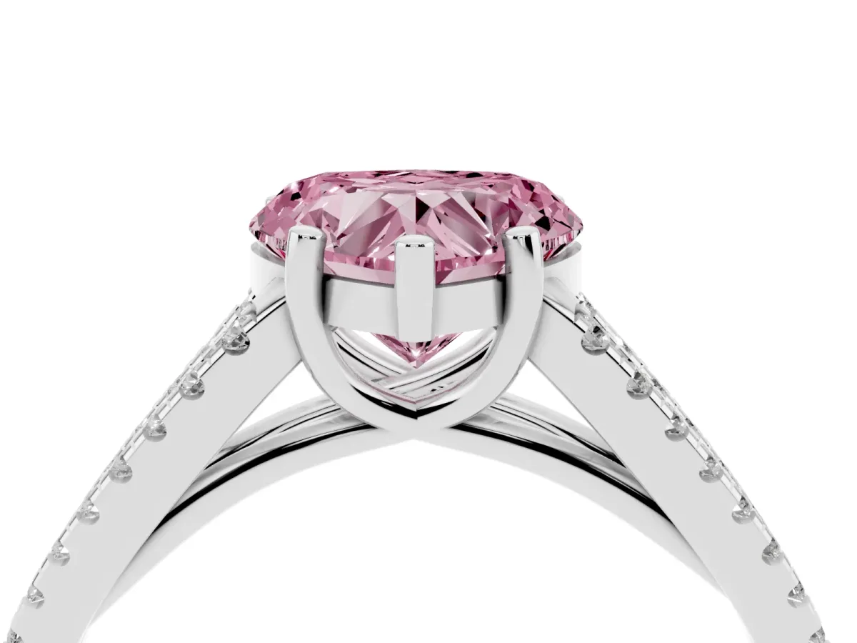 Fancy Pink Heart Cut Diamond Solitaire Engagement Ring with Split Shank Pavé Band Silver