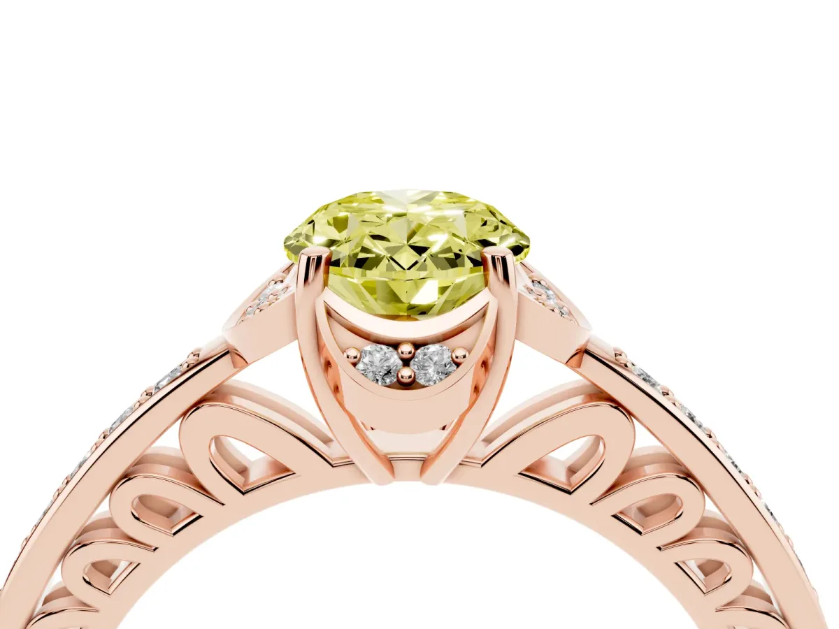 Fancy Yellow Oval Cut Cut Halo Diamond Ring with Channel Set Band and Four-Prong Setting Rose gold