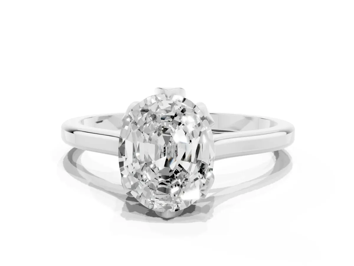 Oval Cut Diamond Solitaire Ring with Flower Prong Setting and Classic Band Silver