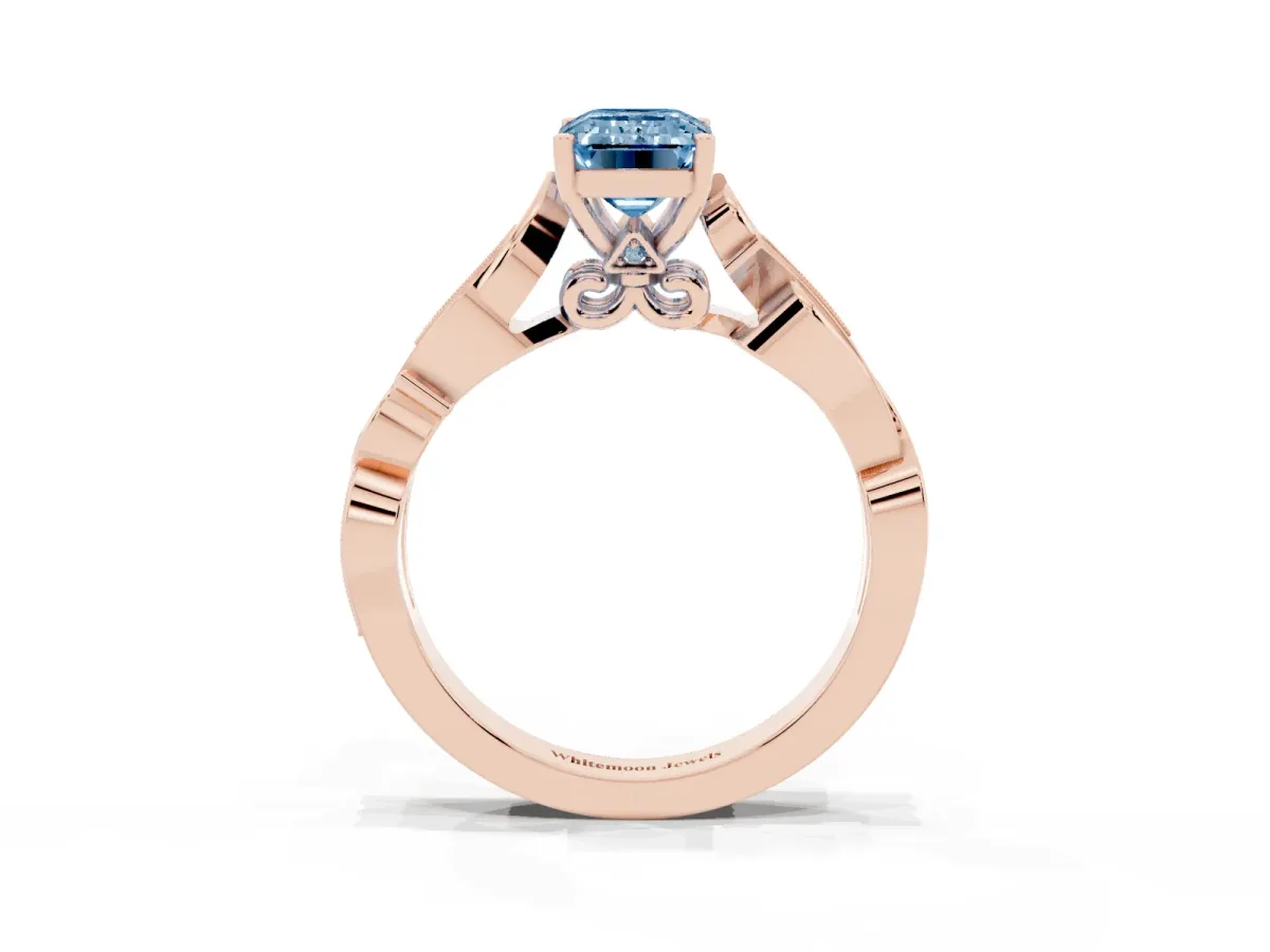Fancy Blue Emerald Cut Solitaire Vine Band with Milgrain Prong Setting Rose gold