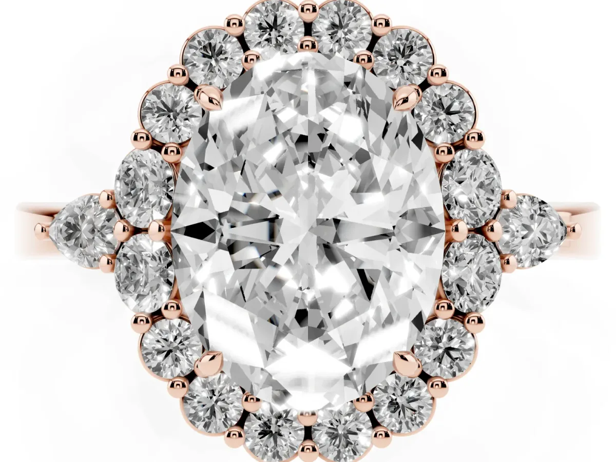 Oval Cut Diamond Halo Ring with Pear Side Stones and Prong Setting Rose gold