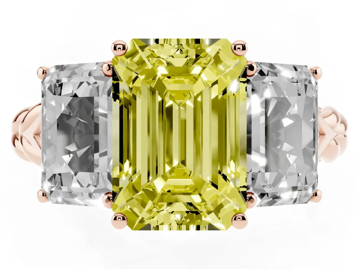 Fancy Yellow Three-Stone Radiant Cut Diamond Braided Band Ring with Four-Prong Setting Rose gold