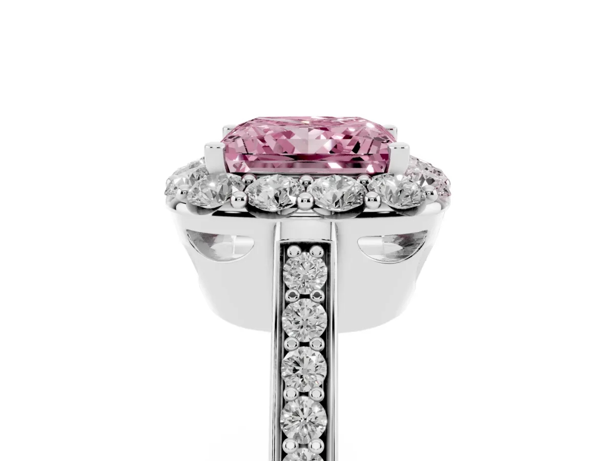 Fancy Pink Princess Cut Diamond Floral Halo Ring with Pavé Band and Prong Setting White gold