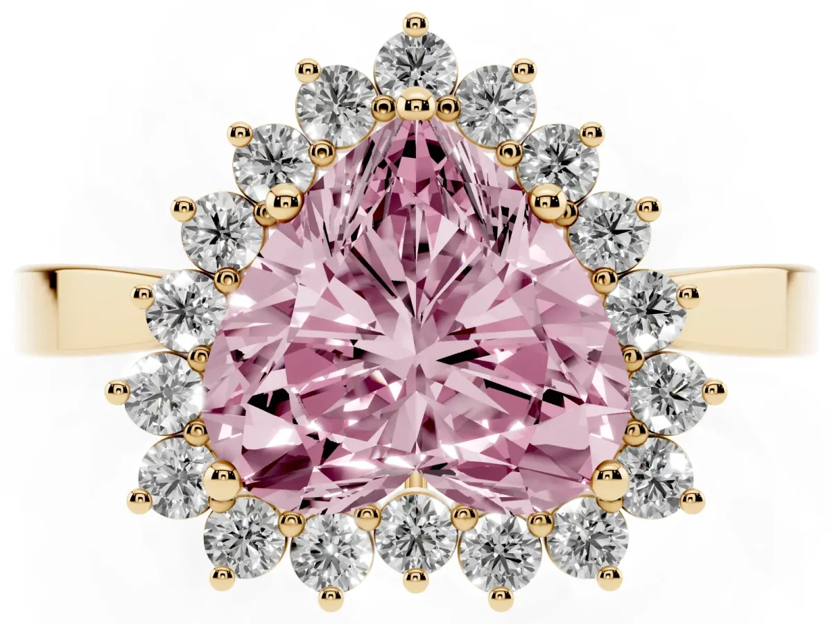 Fancy Pink Heart Cut Cut Diamond Halo Ring with Round Brilliant Halo and Solitaire Band Yellow gold