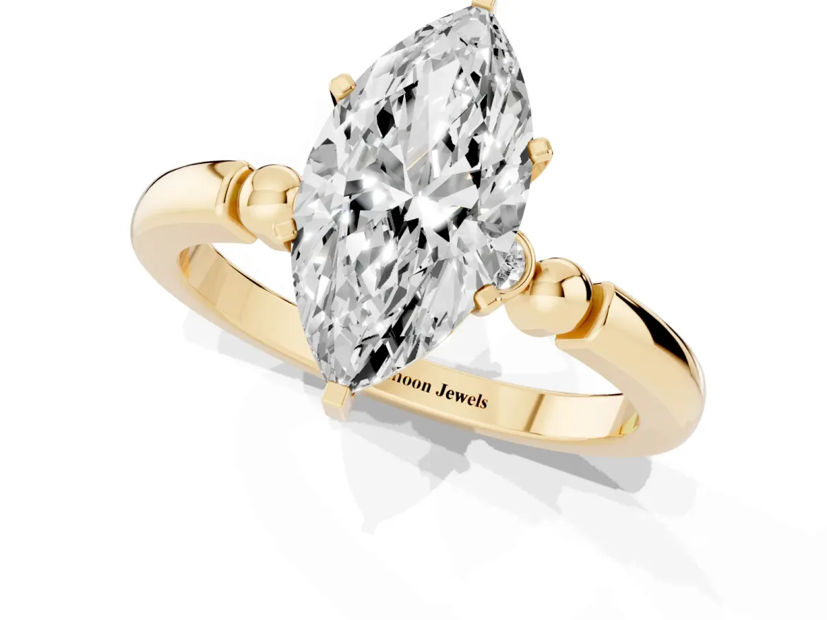 Marquise Cut Solitaire Beaded Band with Four-Prong Setting Yellow gold