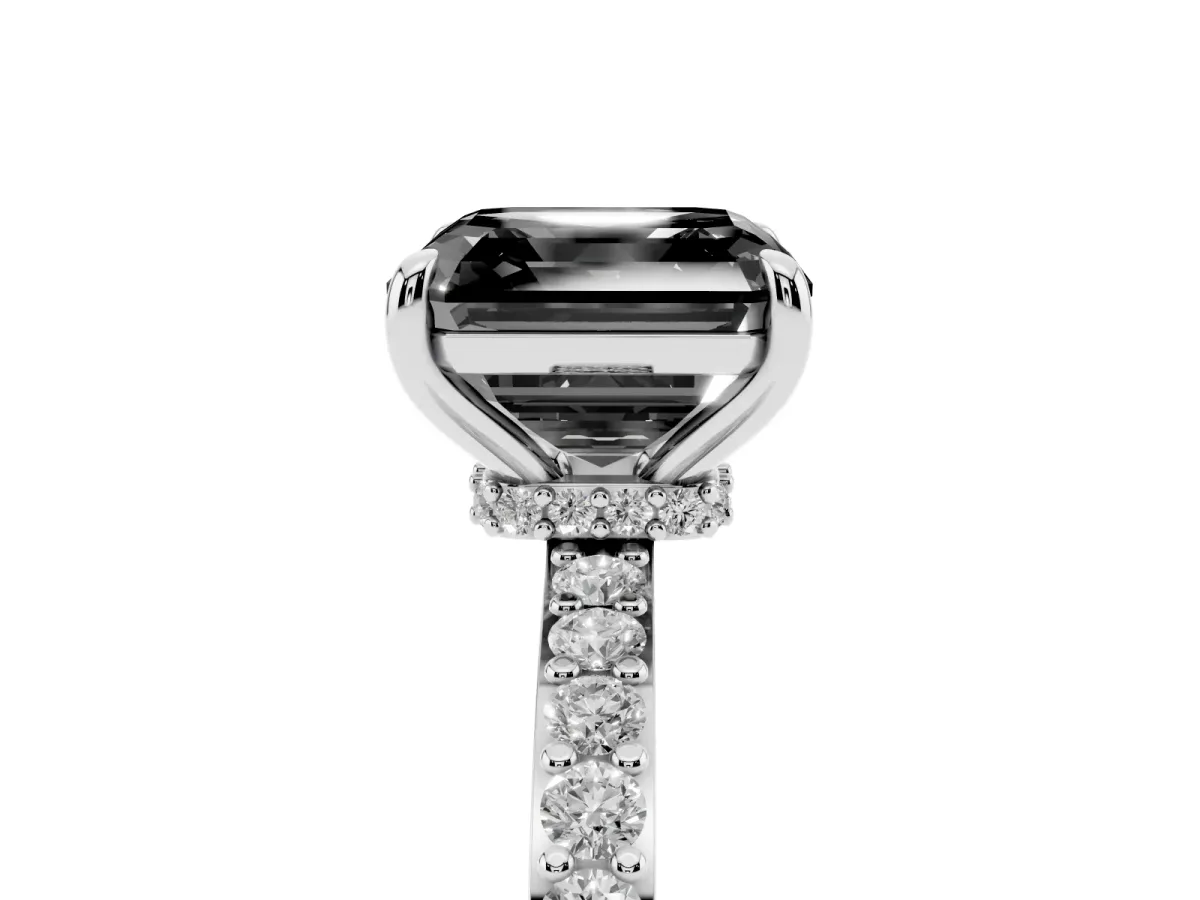Fancy Black Asscher Cut Diamond Solitaire Engagement Ring with Pavé Band and Four-Prong Setting Platinum