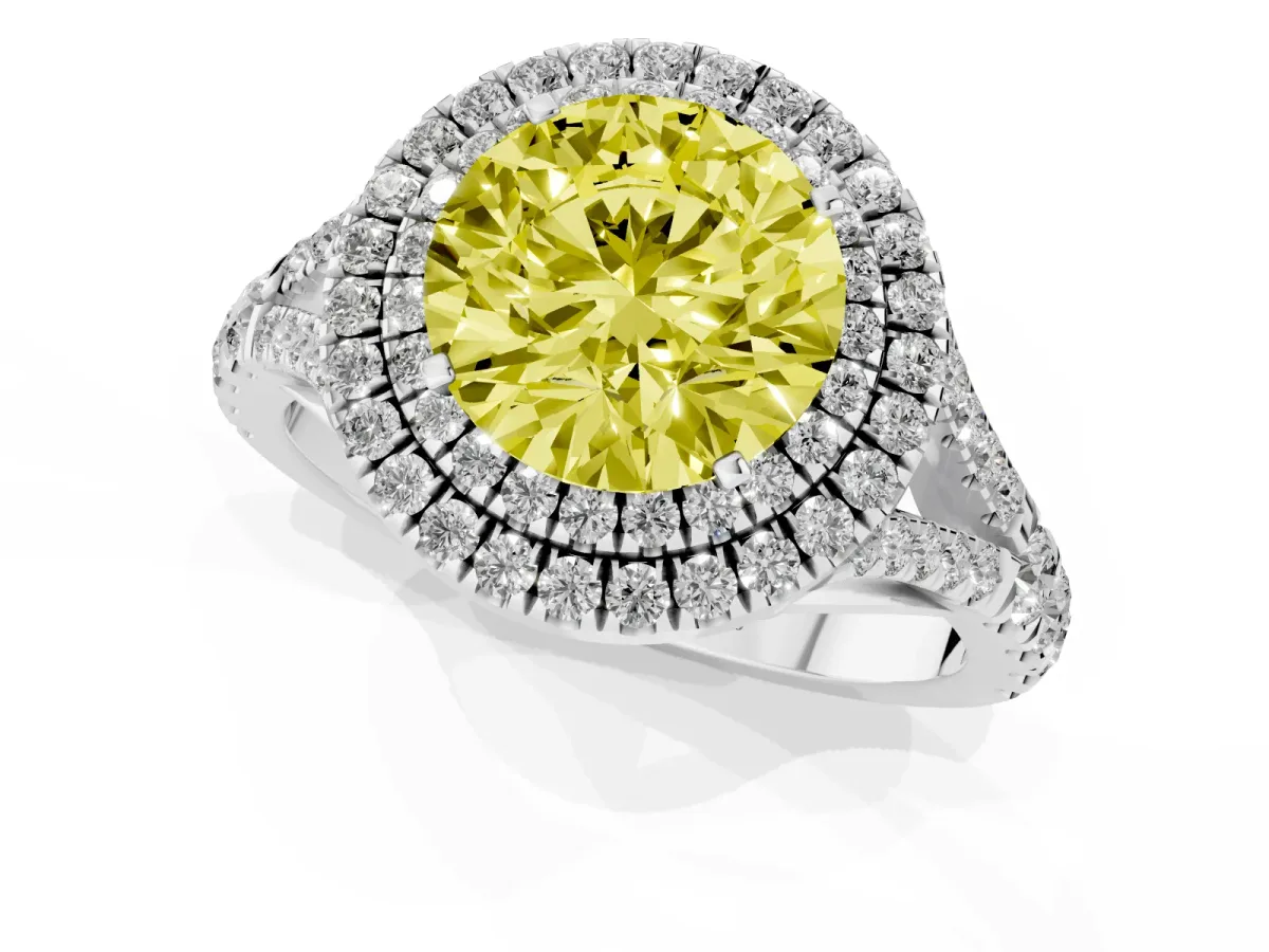 Fancy Yellow Double Halo Round Cut Diamond Split Shank Engagement Ring with Four-Prong Setting Silver