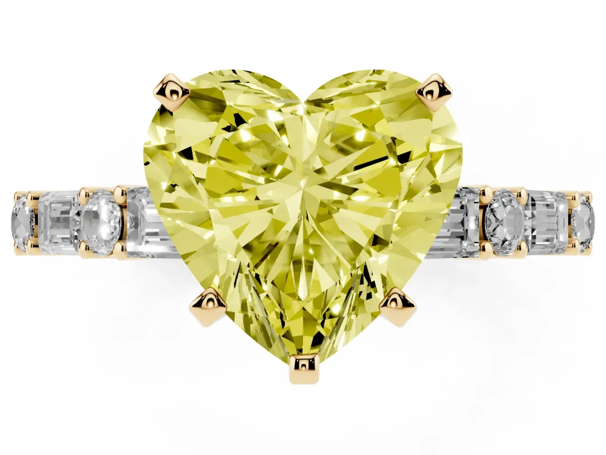 Fancy Yellow Heart Cut Diamond Solitaire with Side Baguettes and Channel Set Band Yellow gold