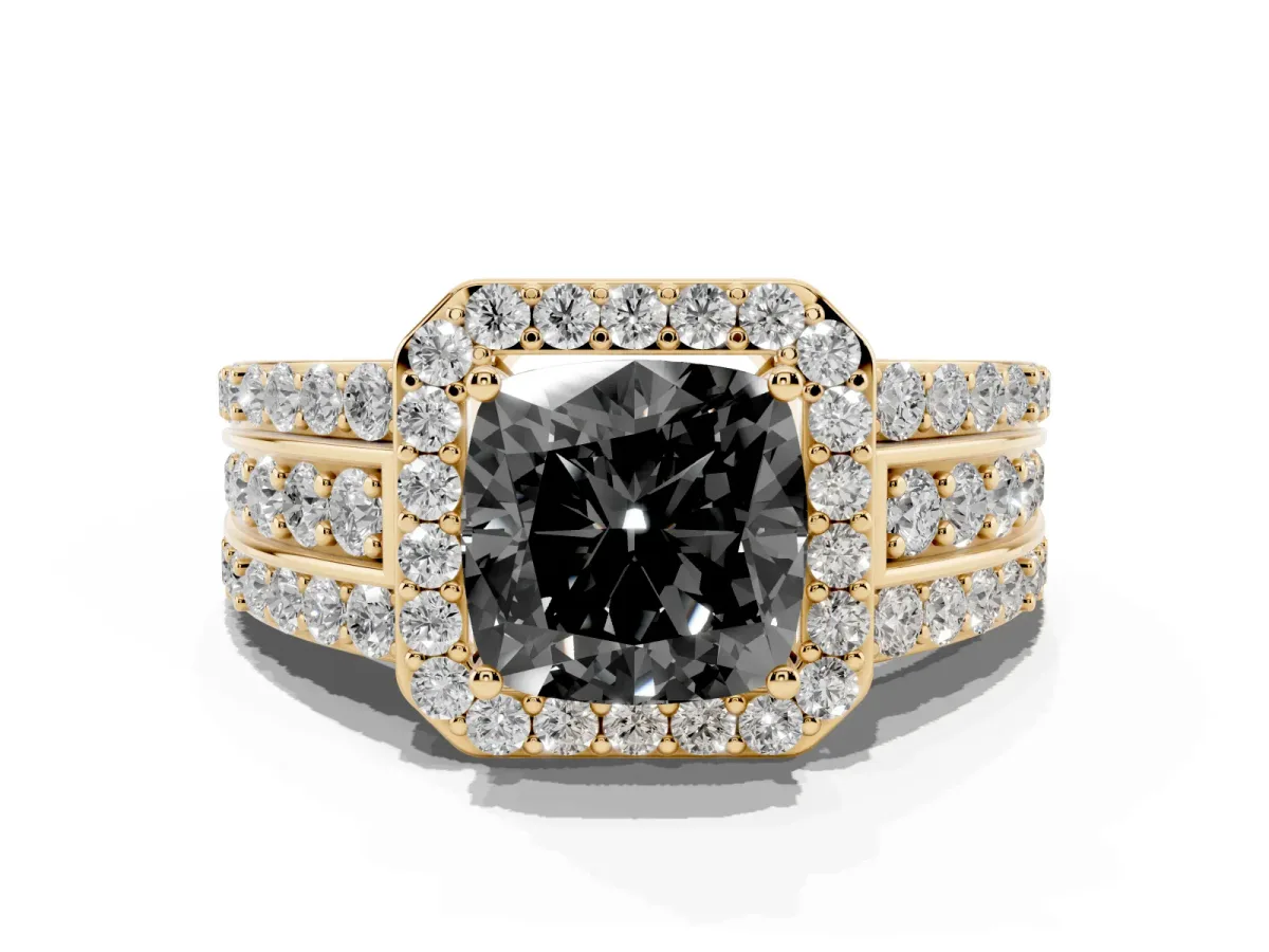 Fancy Black Cushion Cut Halo Diamond Ring with Round Split Shank and Prong Setting Yellow gold