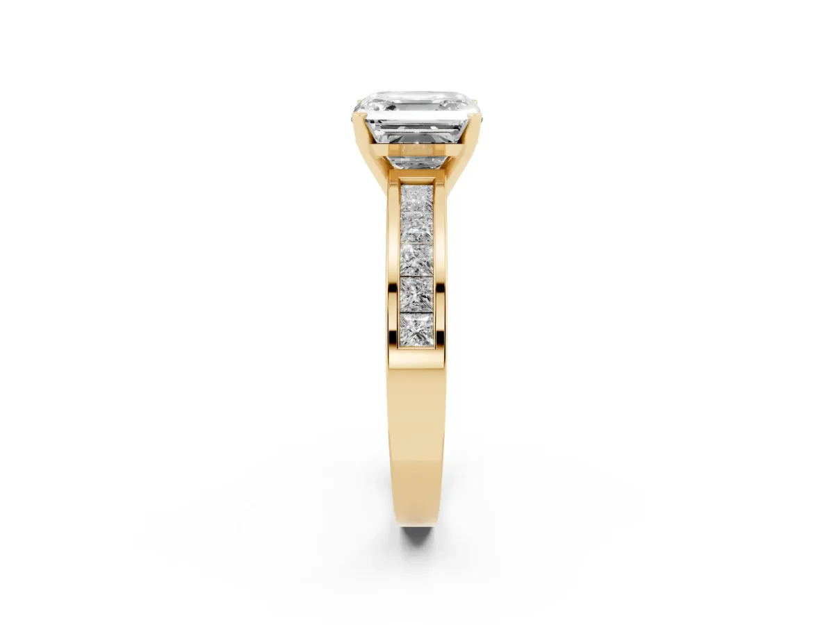 Asscher Cut Solitaire Diamond Ring with Channel-Set Band and Four-Prong Setting Yellow gold