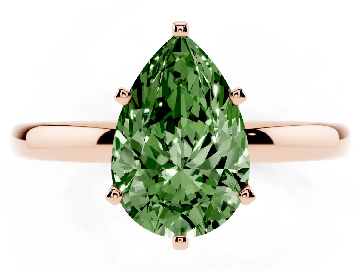 Fancy Green Pear Cut Solitaire Diamond Ring with Six-Prong Setting on a Classic Band Rose gold