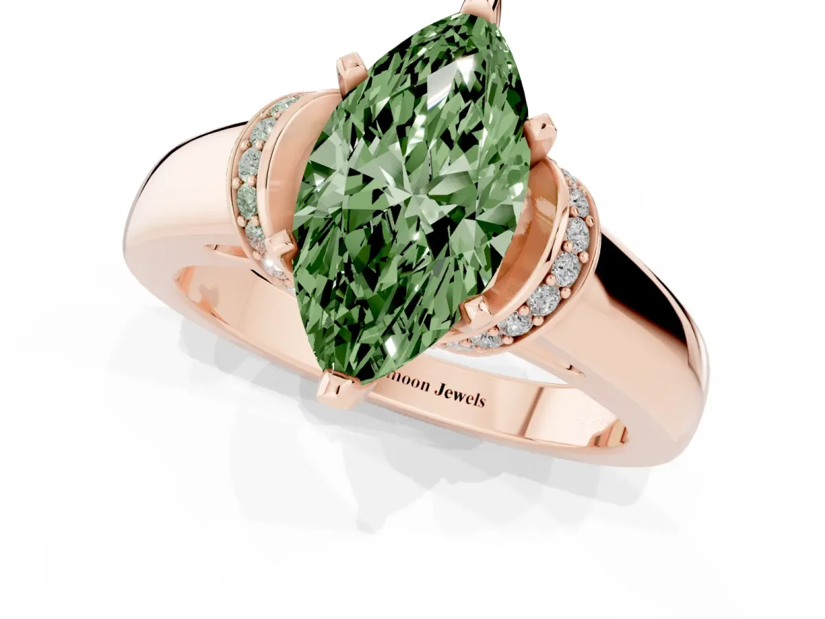 Fancy Green Marquise Cut Solitaire Diamond Ring with Pave Band and Six-Prong Setting Rose gold
