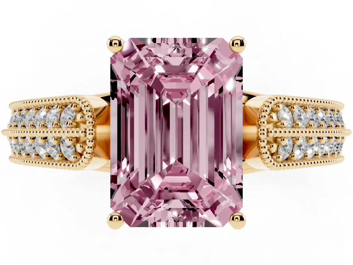 Fancy Pink Emerald Cut Cut Pave Split Shank Engagement Ring with Four-Prong Setting Yellow gold