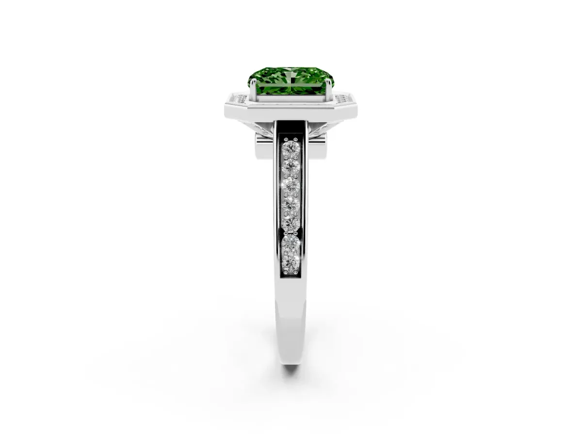 Fancy Green Emerald Cut Halo Solitaire Diamond Ring with Pave Band and Bezel Setting Silver