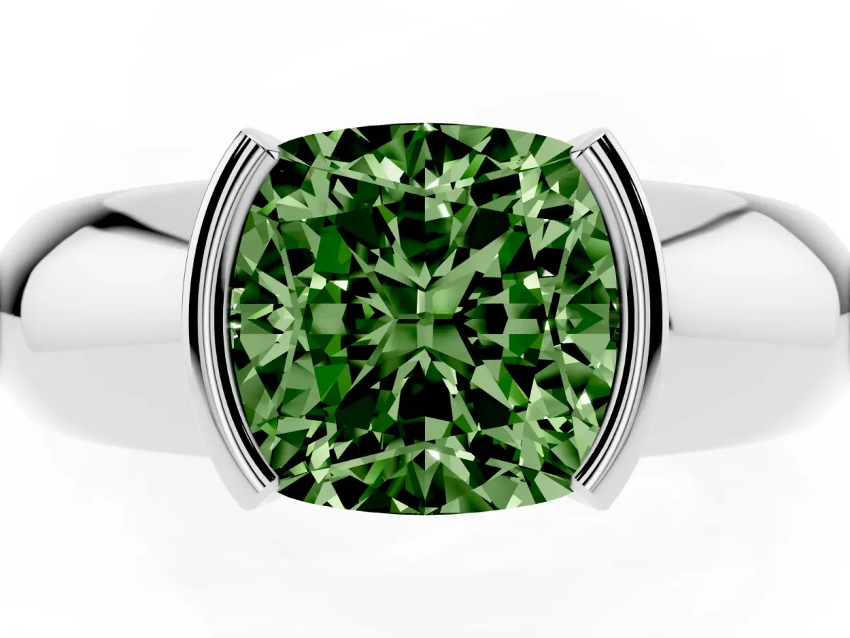 Fancy Green Cushion Cut Solitaire Tension Set Diamond Ring with Wide Band White gold