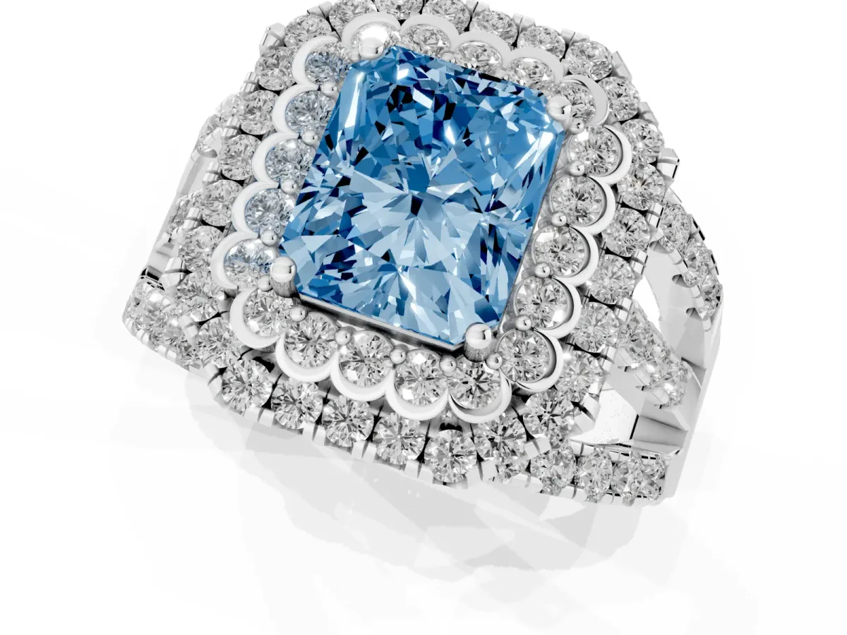 Fancy Blue Radiant Cut Diamond Double Halo Ring with Round Pavé Split Shank and Prong Setting Silver