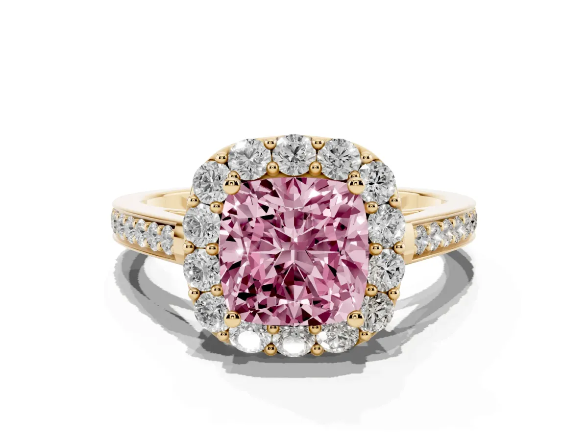Fancy Pink Cushion Cut Diamond Floral Halo Ring with Pavé Band and Prong Setting Yellow gold