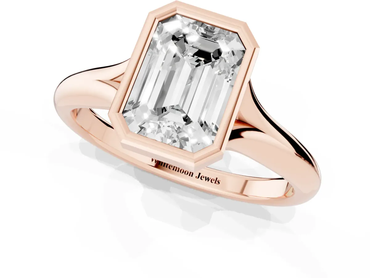 Bezel Set Emerald Cut Solitaire Diamond Ring with Smooth Band Rose gold