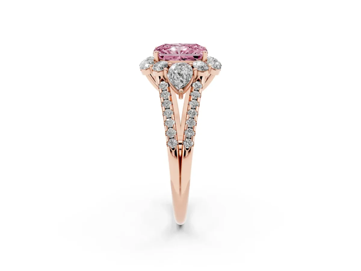 Fancy Pink Radiant Cut Halo Split Shank Diamond Engagement Ring with Prong Setting Rose gold
