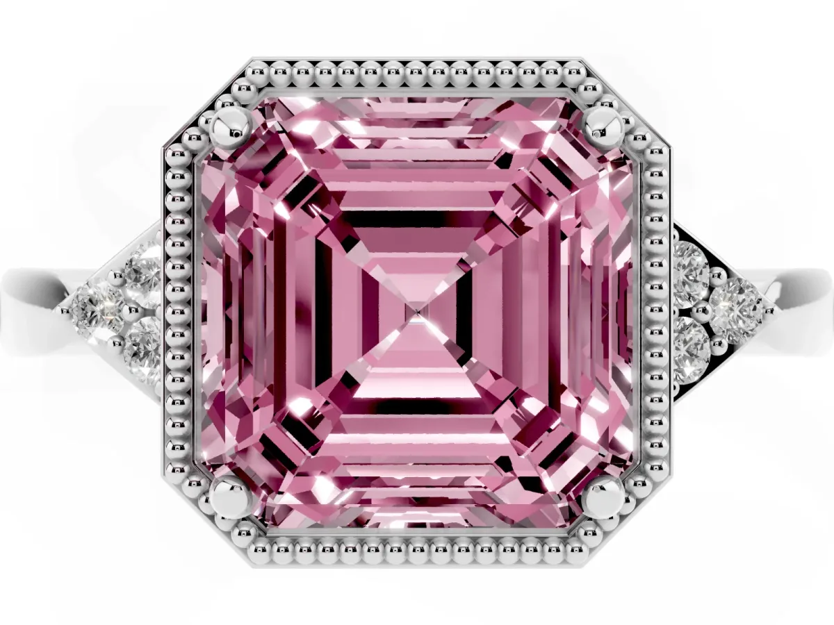 Fancy Pink Hexagonal Halo Asscher Cut Diamond Solitaire with Pavé Band and Four-Prong Setting Silver