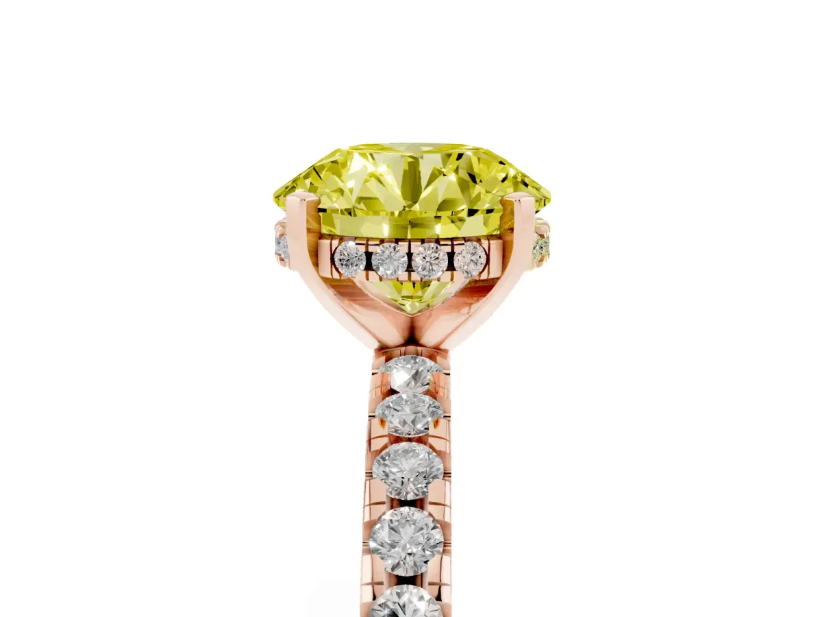 Fancy Yellow Round Cut Diamond Solitaire Ring with Round Pavé Band and Four-Prong Setting Rose gold