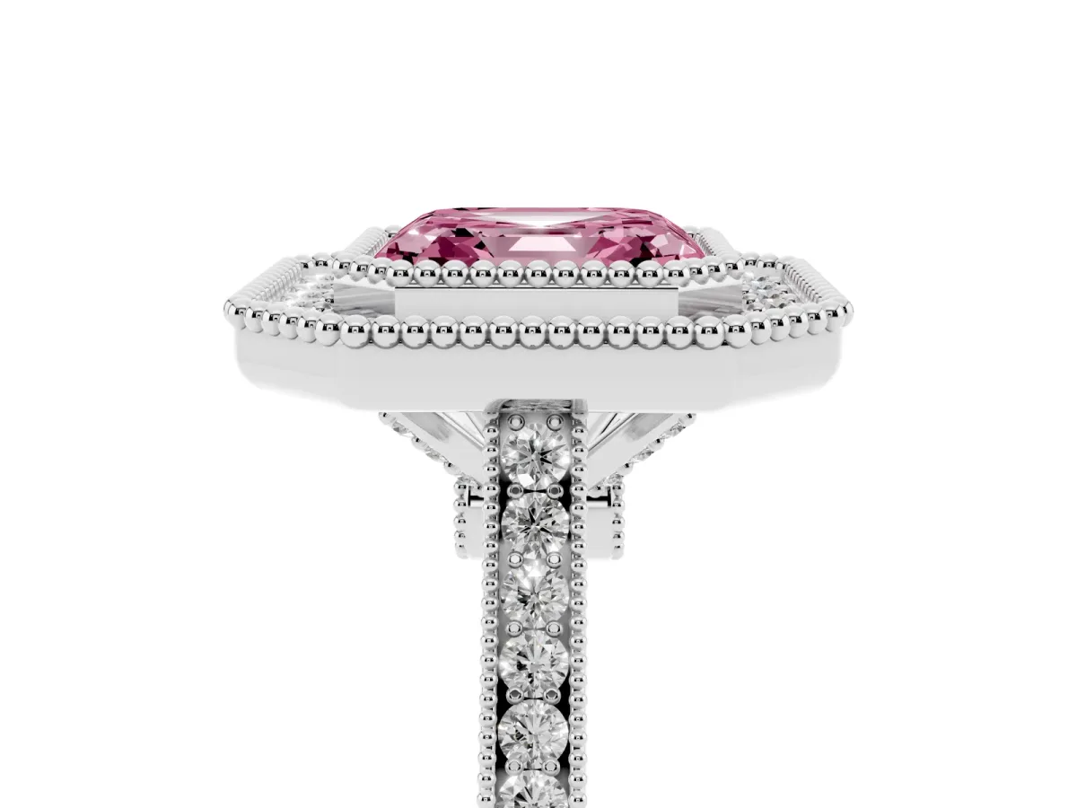 Fancy Pink Asscher Cut Diamond Halo Ring with Milgrain Frame and Pavé Band Silver