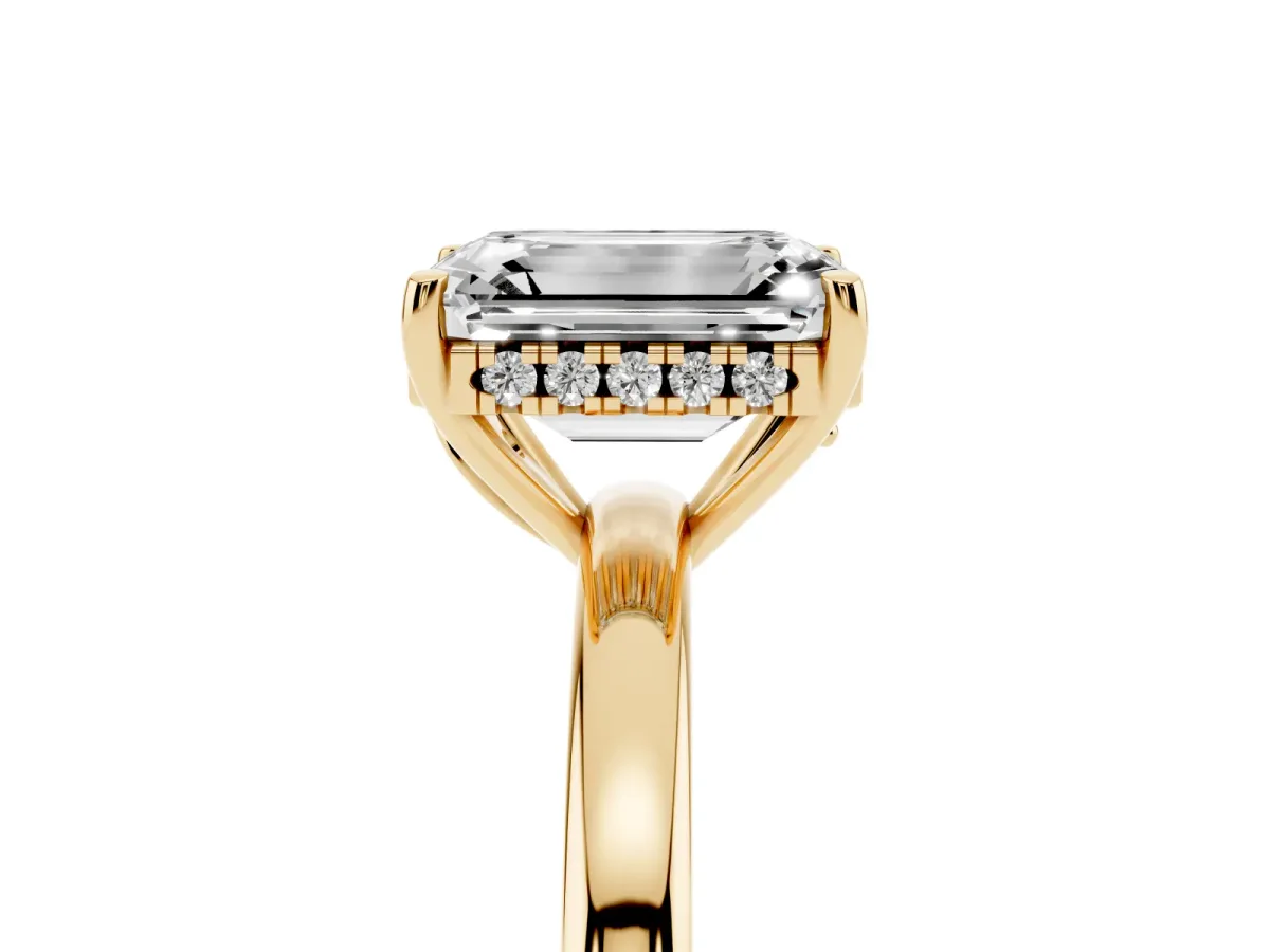 Emerald Cut Solitaire Diamond Ring with Prong Setting and Plain Band Yellow gold