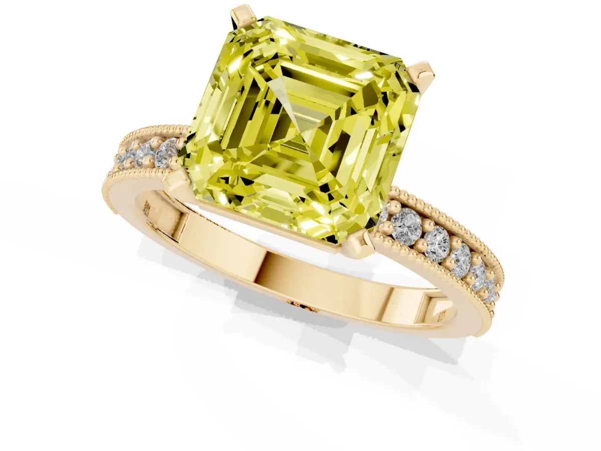 Fancy Yellow Asscher Cut Diamond Milgrain Pavé Engagement Ring with Four-Prong Setting Yellow gold