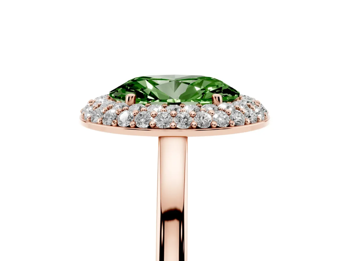 Fancy Green Oval Cut Halo Diamond Engagement Ring with Solitaire Band and Four-Prong Setting Rose gold