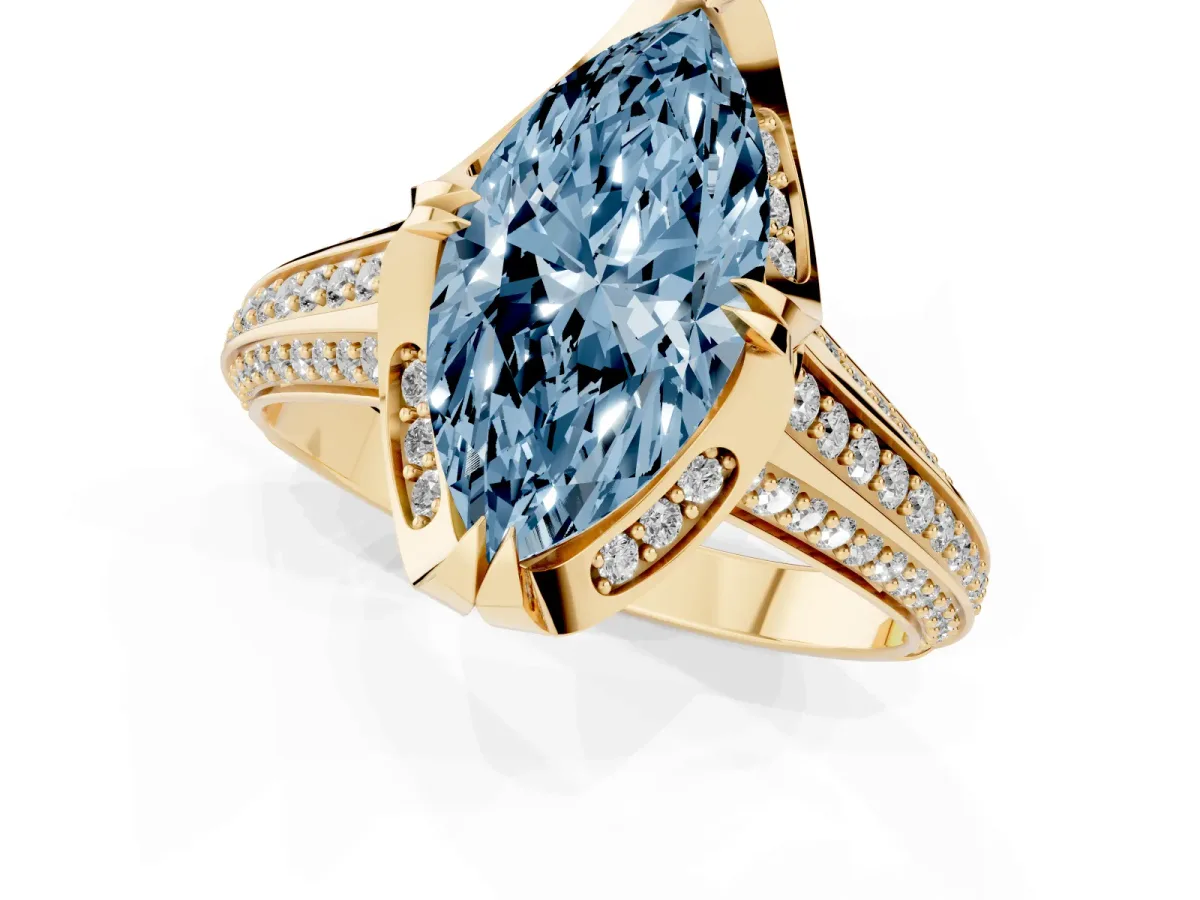 Fancy Blue Marquise Cut Solitaire Pave Split Shank Ring with Four-Prong Setting Yellow gold