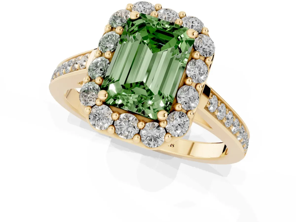 Fancy Green Emerald Cut Diamond Floral Halo Ring with Pavé Band and Prong Setting Yellow gold