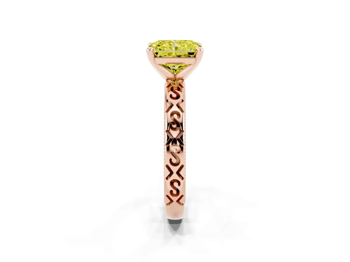Fancy Yellow Radiant Cut Solitaire Engagement Ring with Scrollwork Band and Four-Prong Setting Rose gold
