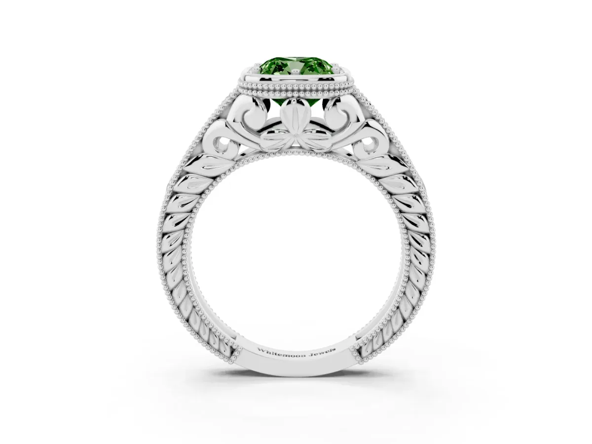 Fancy Green Bezel Set Cushion Cut Diamond Milgrain Pave Engagement Ring Silver
