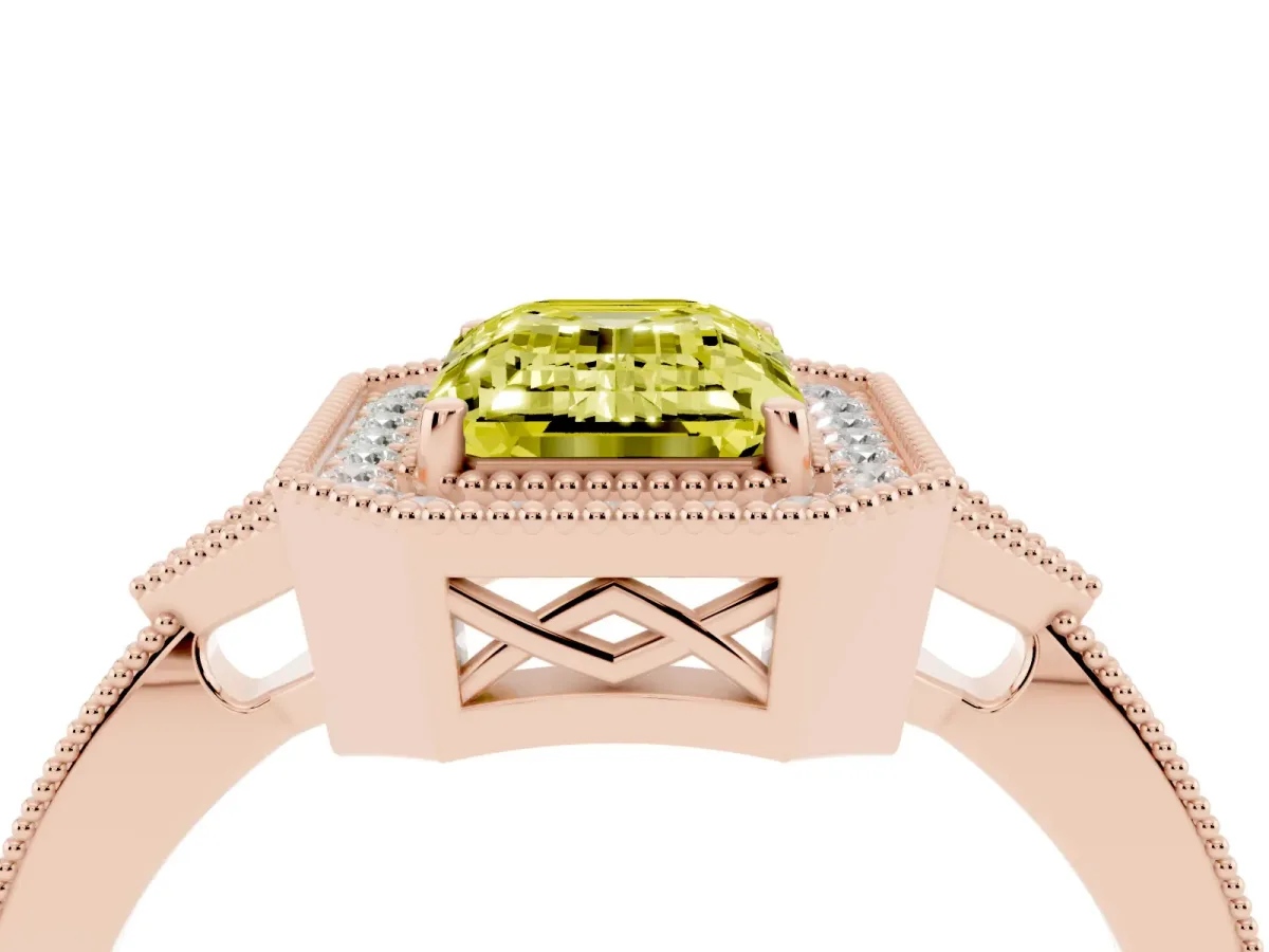 Fancy Yellow Emerald Cut Halo Round Diamond Milgrain Pave Engagement Ring Rose gold