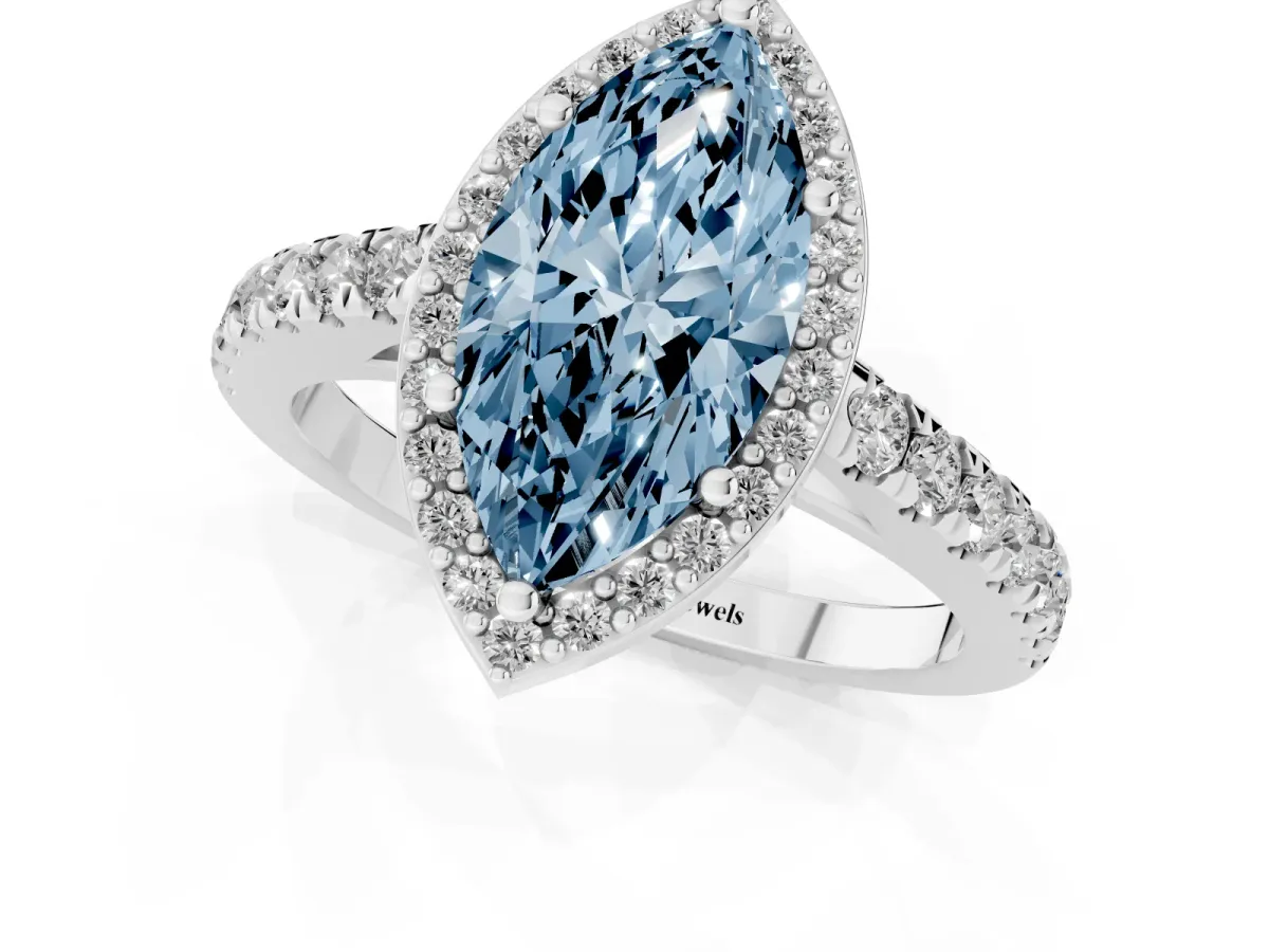 Fancy Blue Marquise Cut Cut Halo Diamond Engagement Ring with Pave Band and Four-Prong Setting Silver