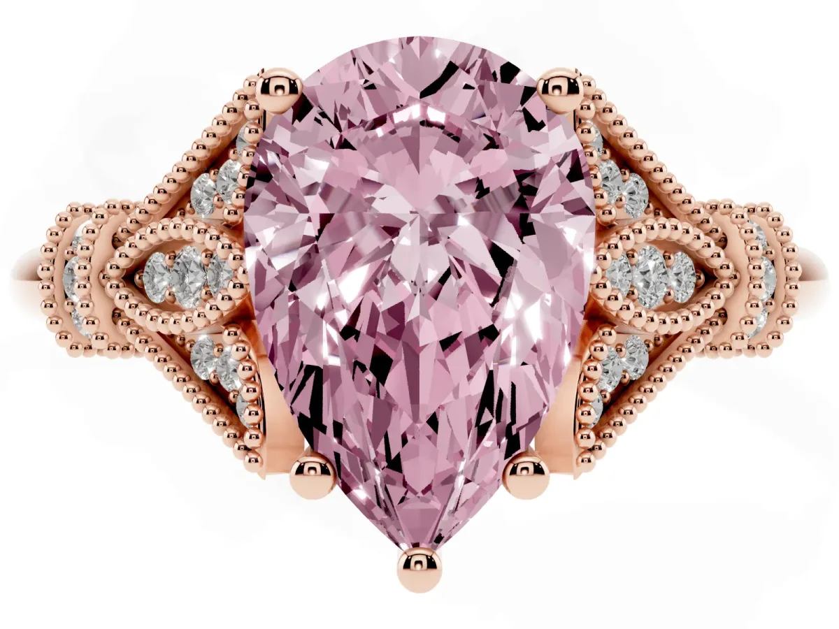 Fancy Pink Pear Cut Diamond Solitaire Ring with Floral Filigree and Pave Accents Rose gold