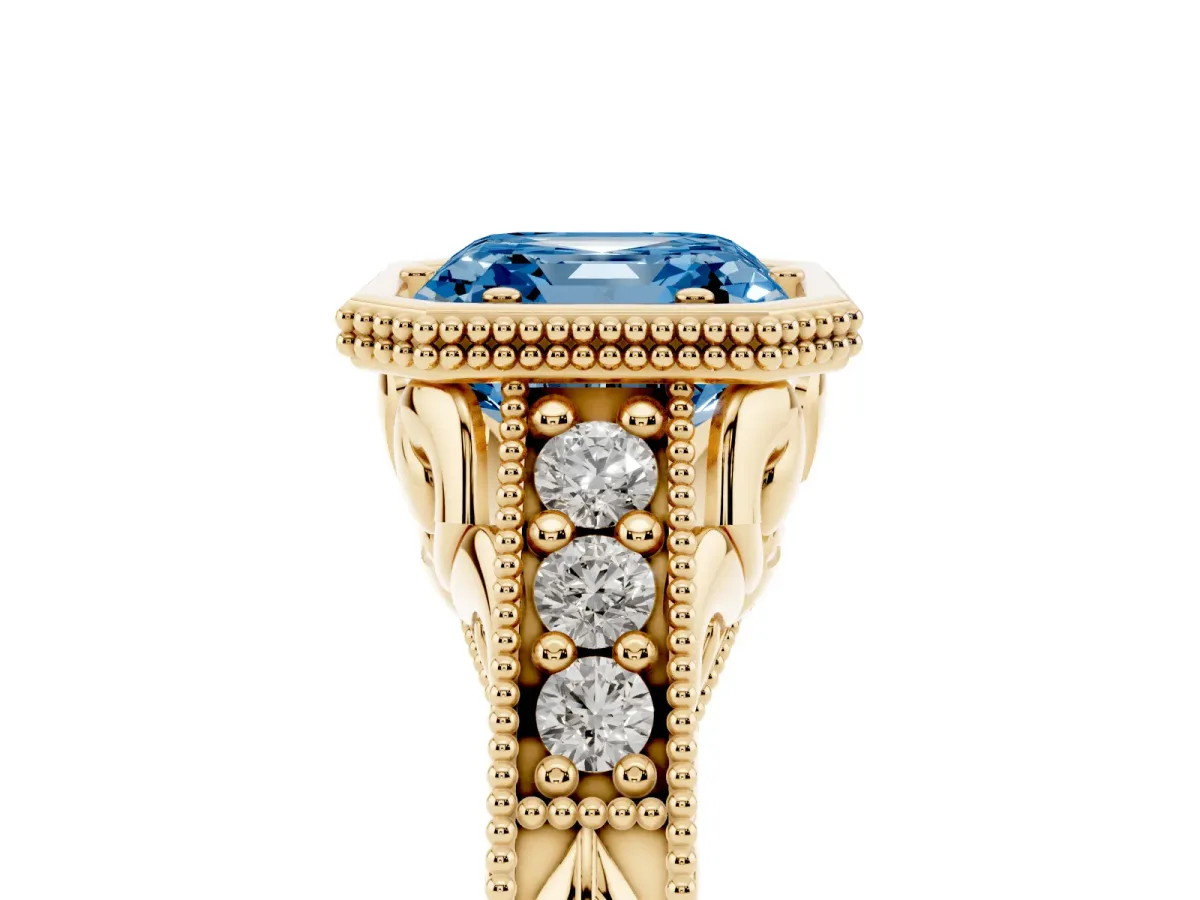Fancy Blue Bezel Set Asscher Cut Diamond Milgrain Pave Engagement Ring Yellow gold