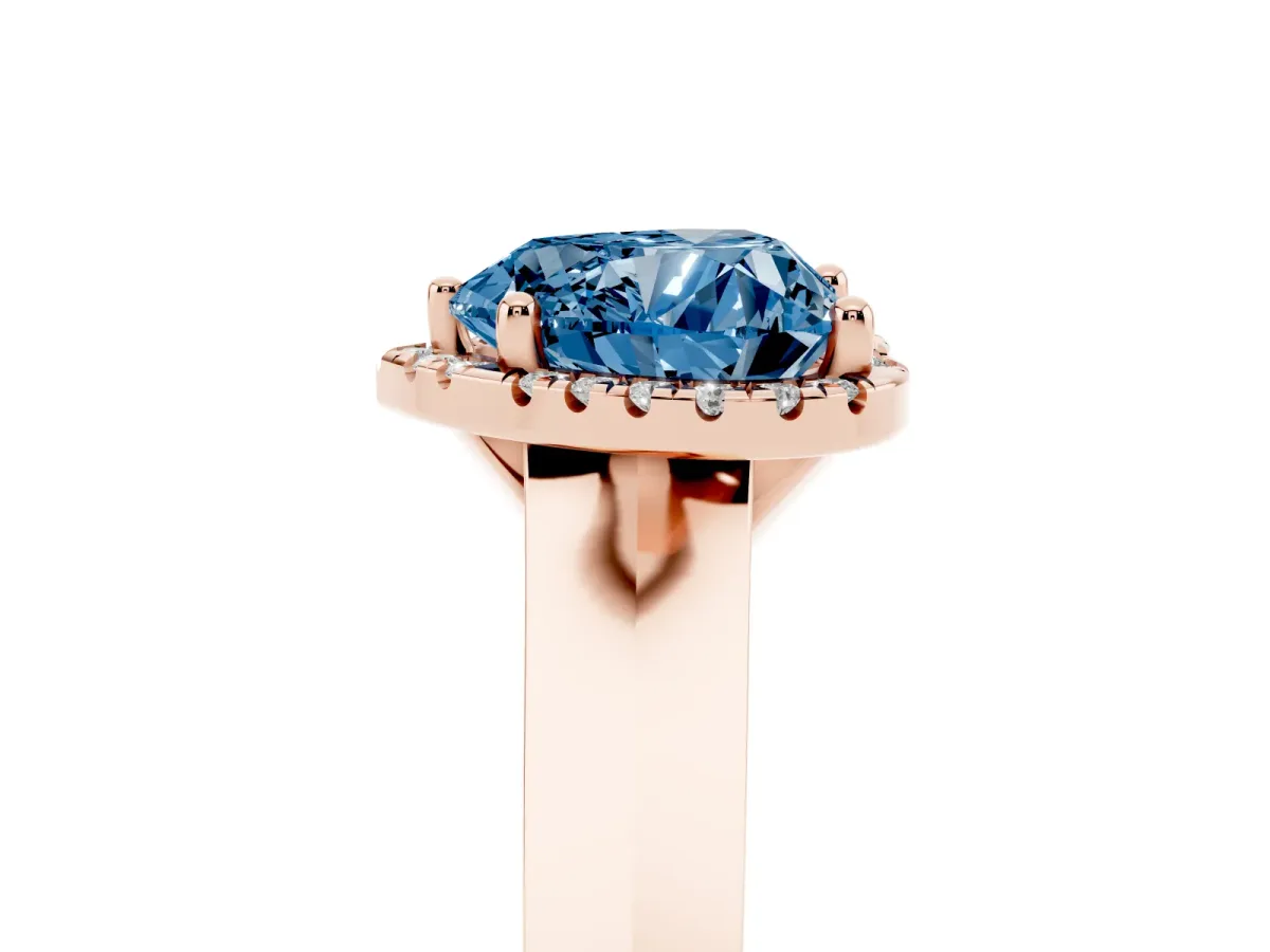 Fancy Blue Heart Cut Halo Diamond Ring with Cathedral Band and Four-Prong Setting Rose gold