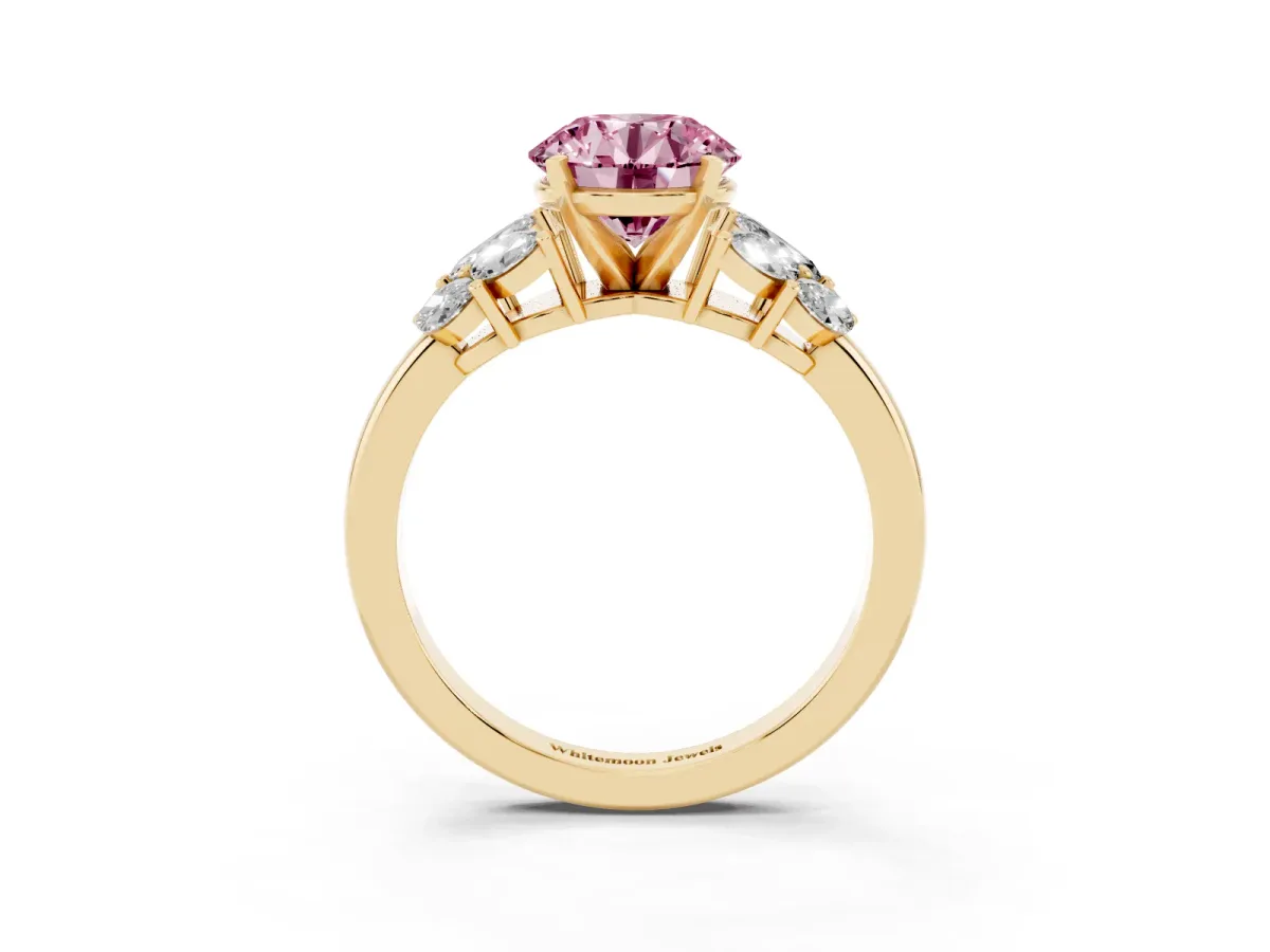 Fancy Pink Round Cut Diamond Cluster Leaf Design Ring with Prong Setting Yellow gold