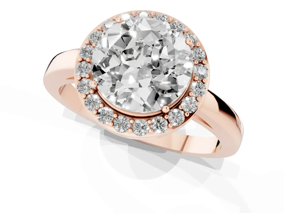 Round Cut Halo Diamond Ring with Solitaire Band and Prong Setting Rose gold