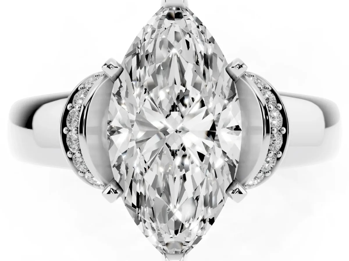 Marquise Cut Solitaire Diamond Ring with Pave Band and Six-Prong Setting White gold